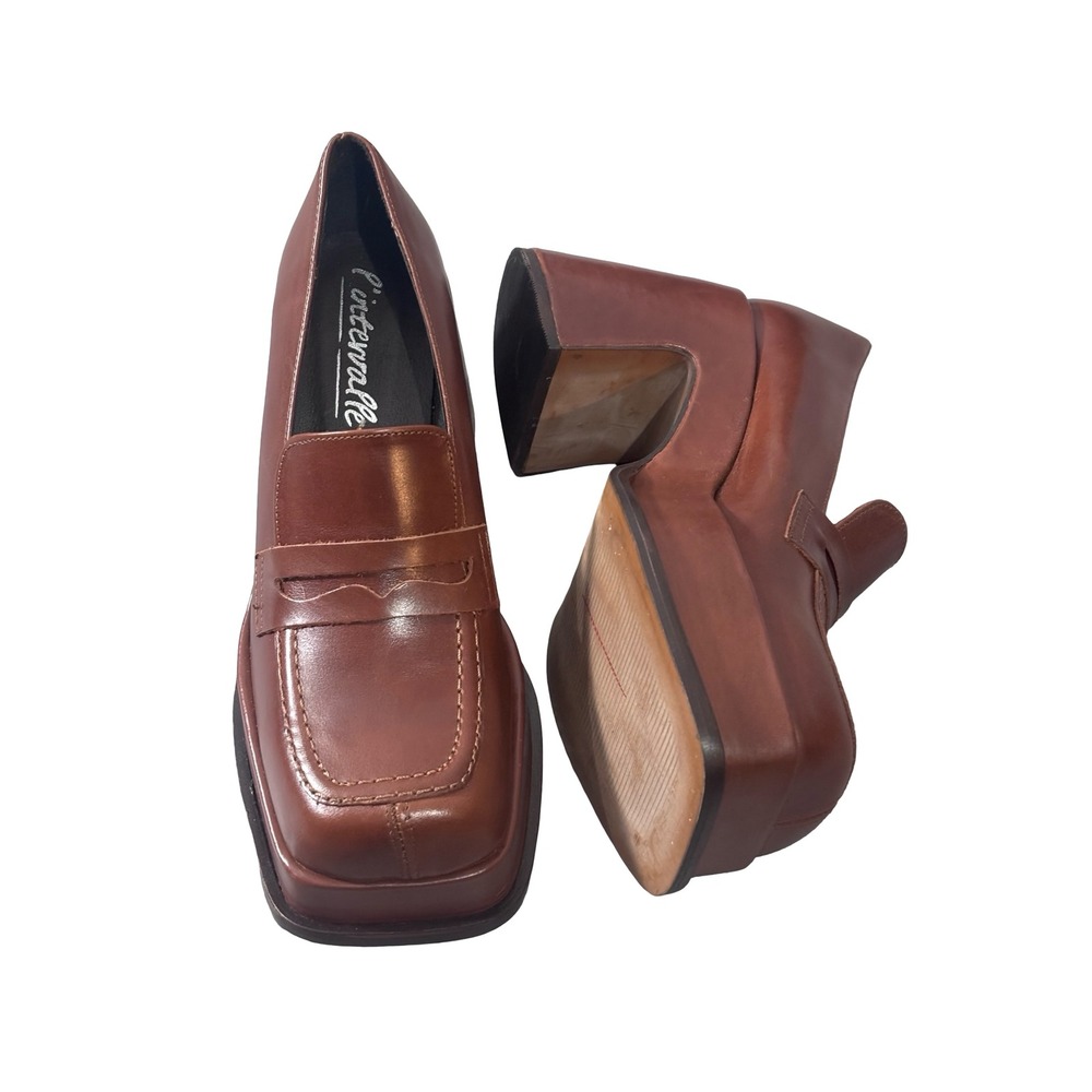 L'Intervalle Brown Leather Platform Penny Loafers Square Toe Size 38 Spain